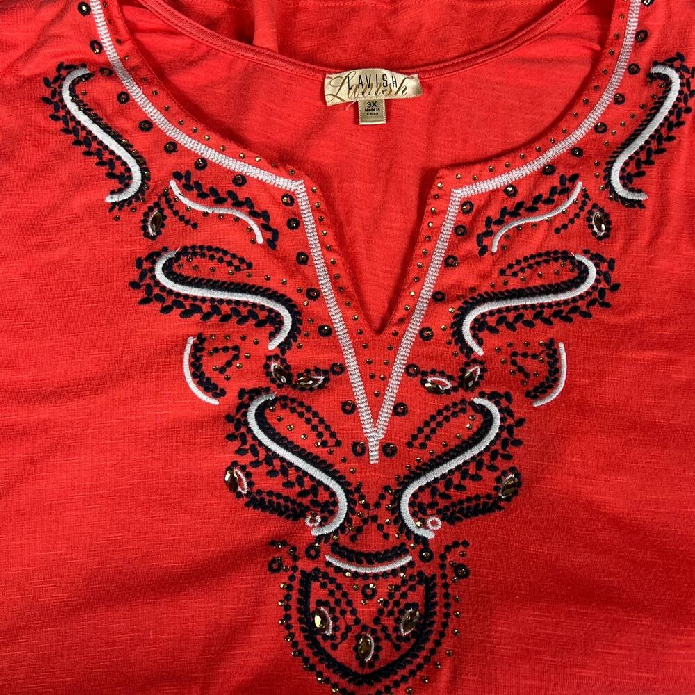 Lavish Coral Embroidered Bling Neckline 3/4 Sleeve Straight Hem Tunic Top 3X